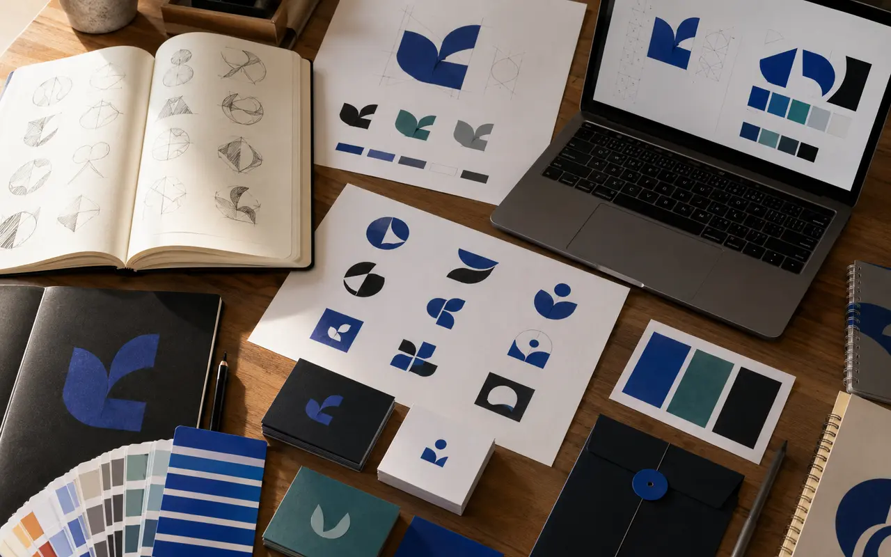 Branding die vertrouwen wekt: zo bouw je een merk dat blijft hangen Professionele merkidentiteit met schetsen, kleuren en digitale uitwerking