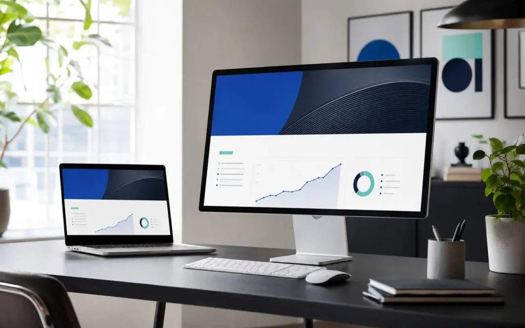 Professionele website op een modern werkstation met groeigrafiek